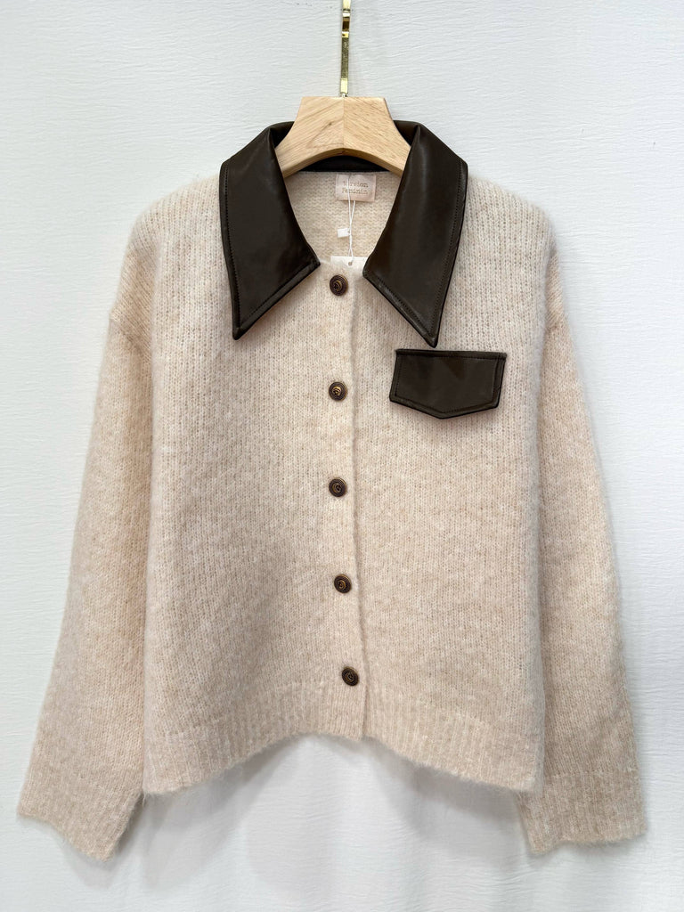 Beige With PU Collar Sweater Cardigan