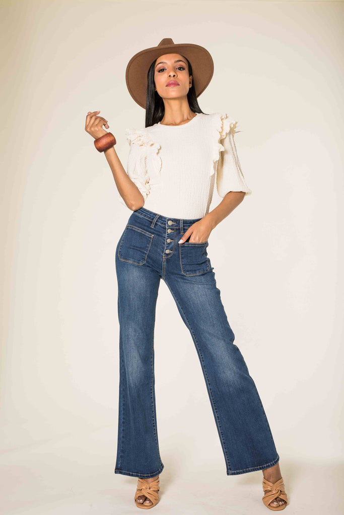 Dark Blue Wide Leg High waist stretch Flare jeans: Dark blue