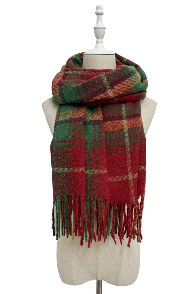 Tartan Check Wool Tassel Scarf: Red