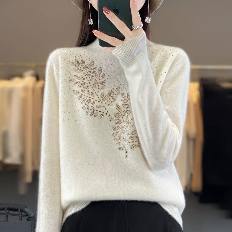 Cream Crystals Embellished Soft Cashmere Sweater - AML Boutique NI