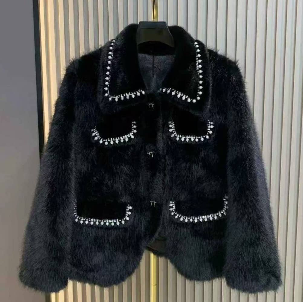 Luxurious Black Faux Fur Pearlies Embellished Jacket DH17