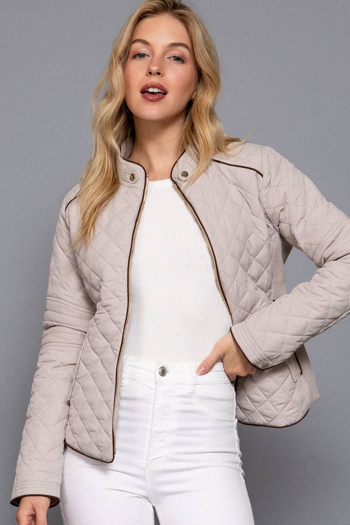 Pale Taupe Suede Piping Detail Rib Quilted Padding Jacket
