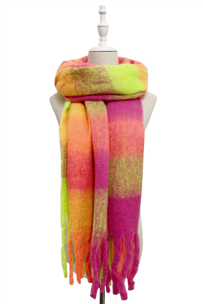 Multi Check Print Wool Tassel Scarf: Neon Pink/Neon Orange/Neon Green