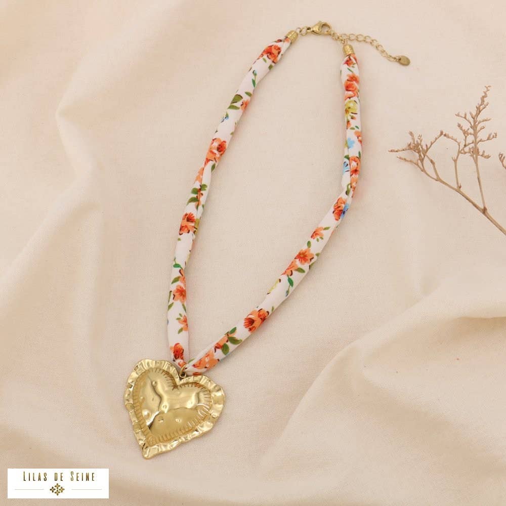 Floral Fabric Necklace Heart Pendant Steel 0125031: Multicoloured
