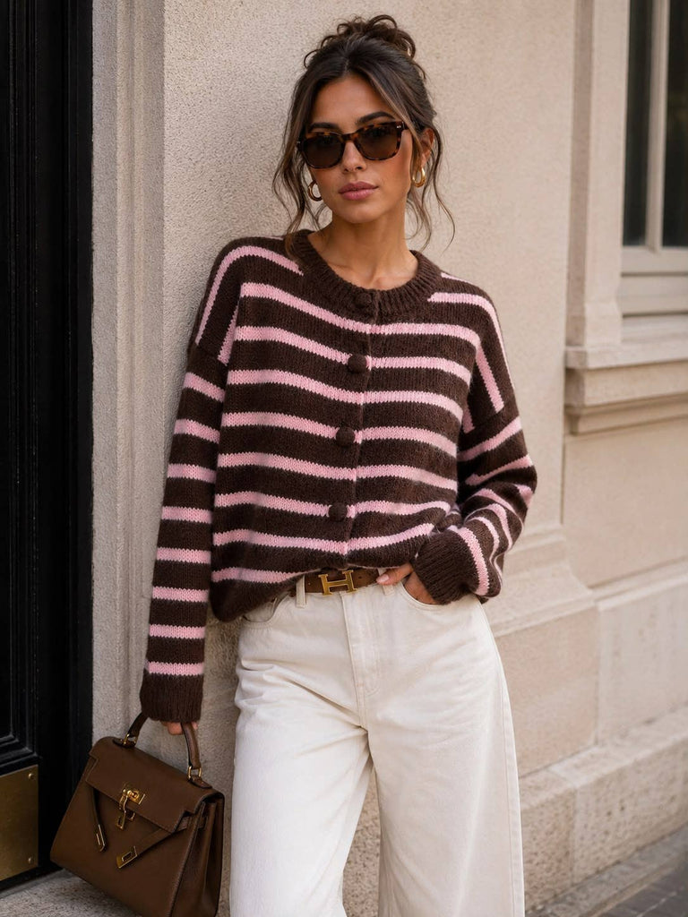 Brown/Pink Women's Striped Soft-Knit Cardigan with Covered Buttons