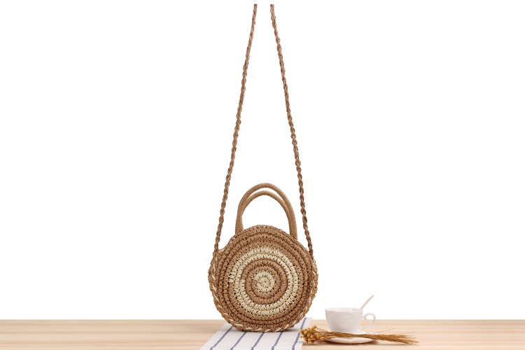 Small Medium Size Round Shape Paper Straw Top Handle bag : Taupe