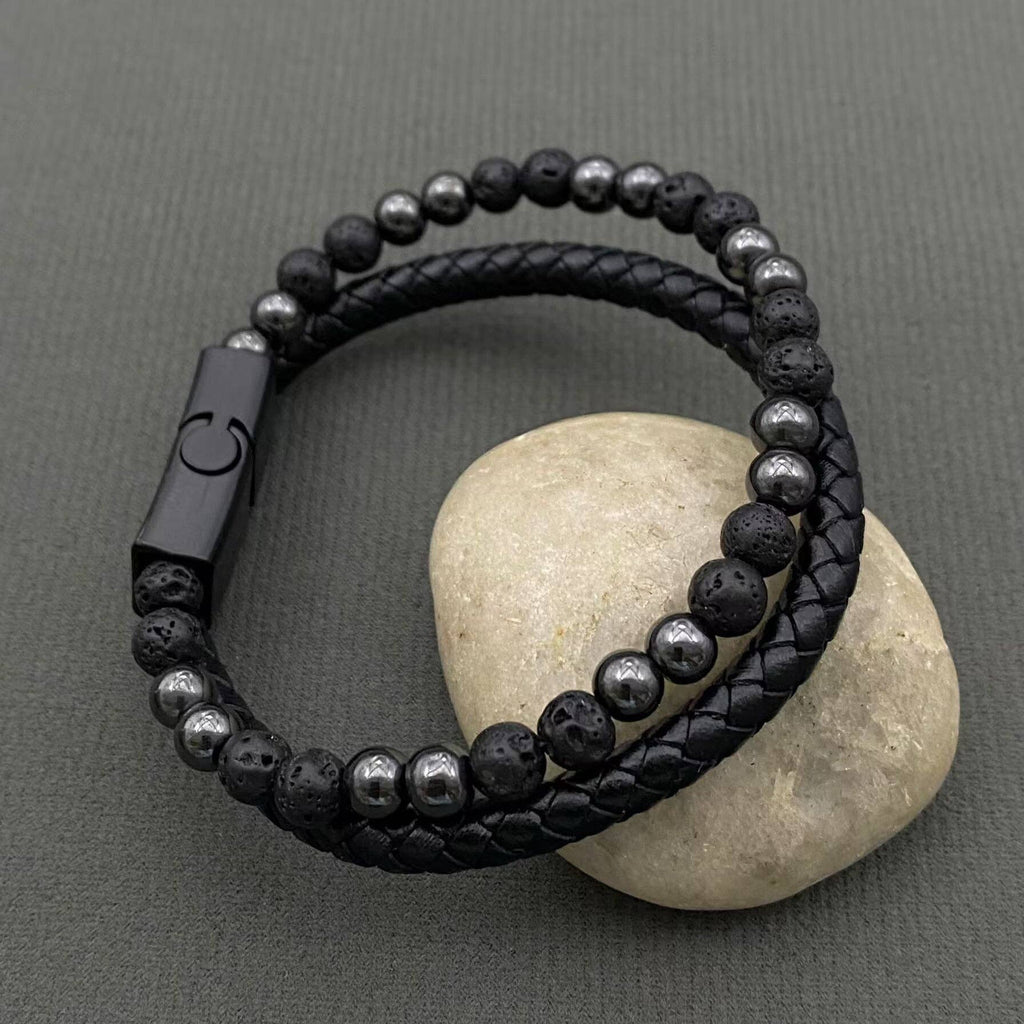 Black Stone Beads PU Leather Magnetic Buckle Bracelet Lava stone