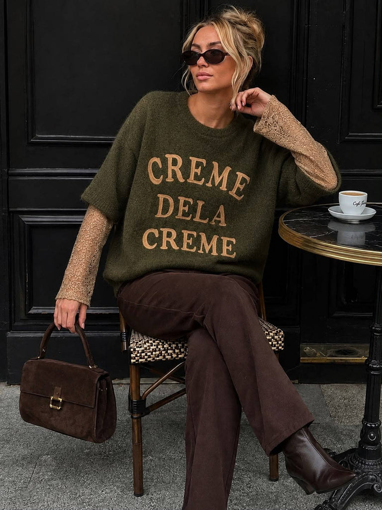 Khaki Women's Sweater "Cream of the Crop" – Soft Knit & Lace Sleeves