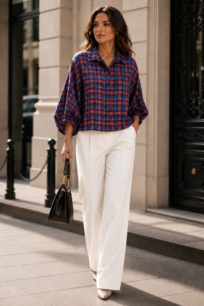 Bordeaux Plaid Loose blouse with shirt collar and balloon sleeves