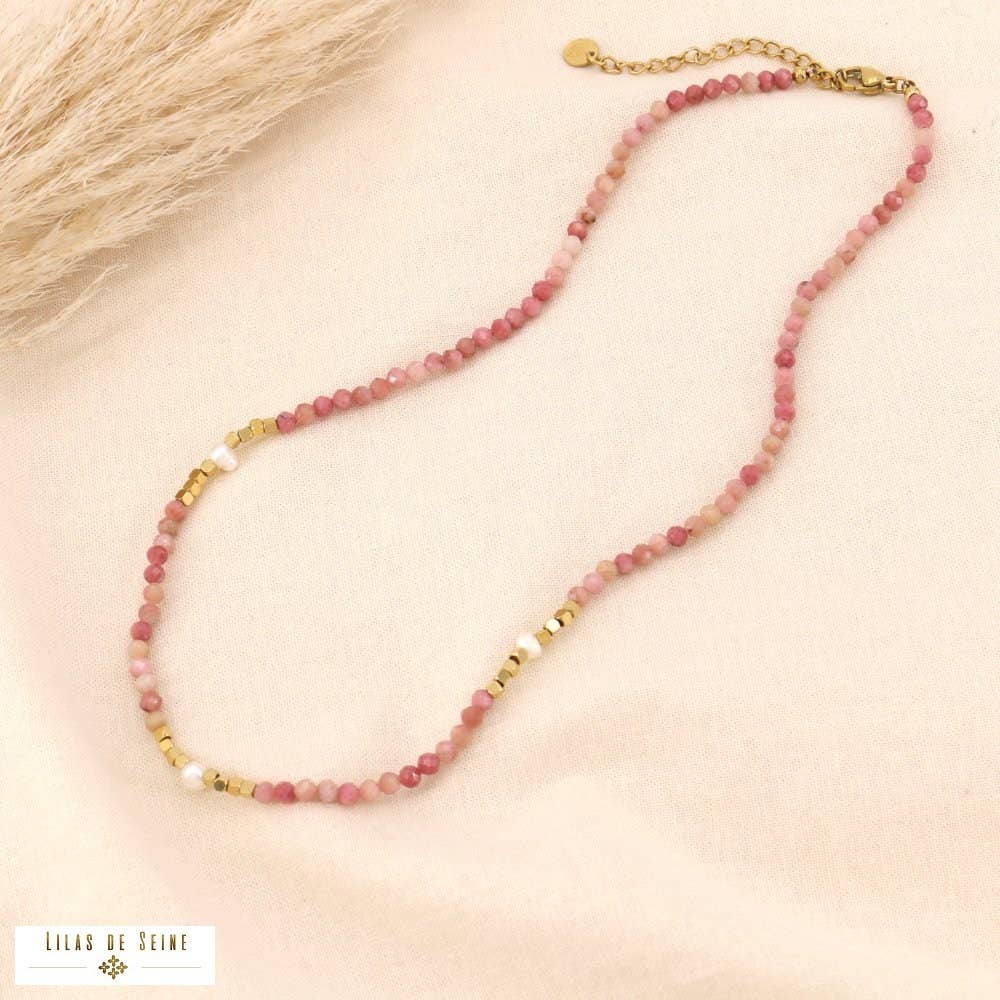 Necklace beads stone beads stainless steel. Old rose