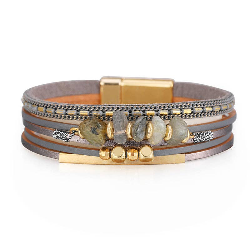 Grey Bohemian Natural Gravel & Leather WovenBracelet - BJ/LB: 3