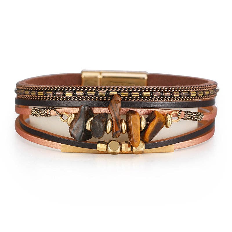 Brown Tan Bohemian Natural Gravel & Leather WovenBracelet - BJ/LB: 6