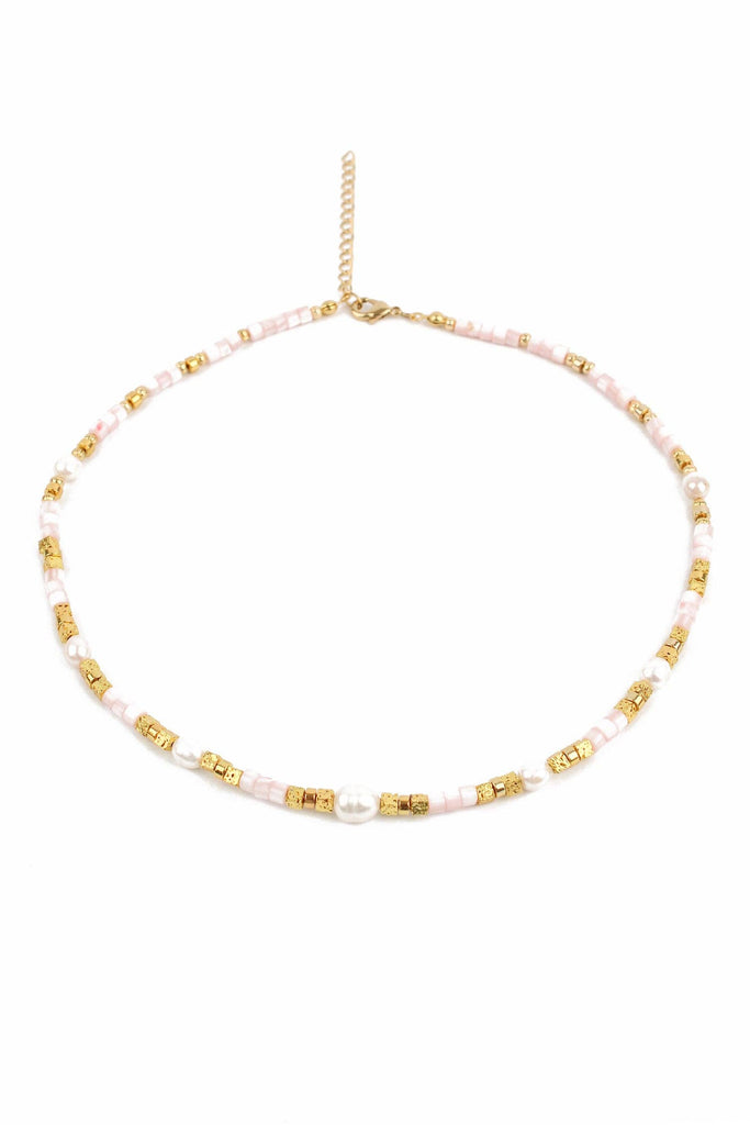 BEADED PINK CUBE AND GOLD PEARL NECKLACE
