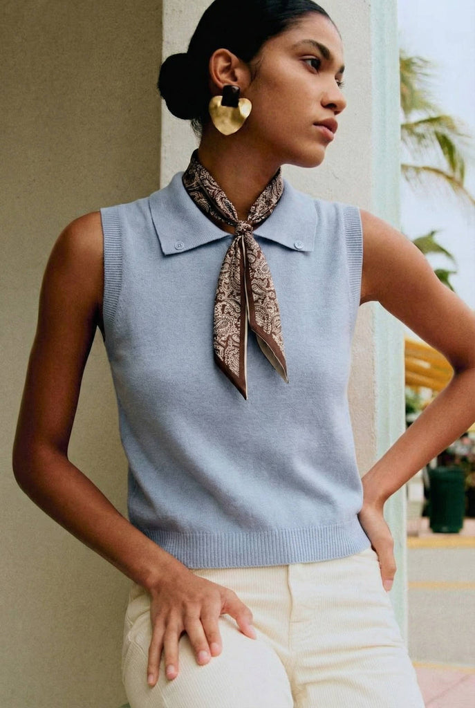 Blue Ornella Knit polo with scarf: Bleu