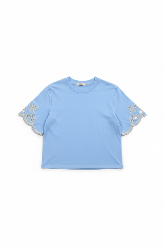 Blue Cotton T-shirt with openwork raised embroidery