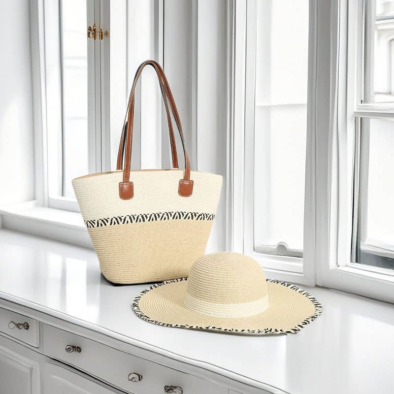 Medium Size Straw Basket Bag + Hat -Set of 2: Beige