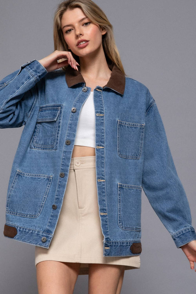 Long Sleeve Contrast Collar Denim Jacket: BLU-denim