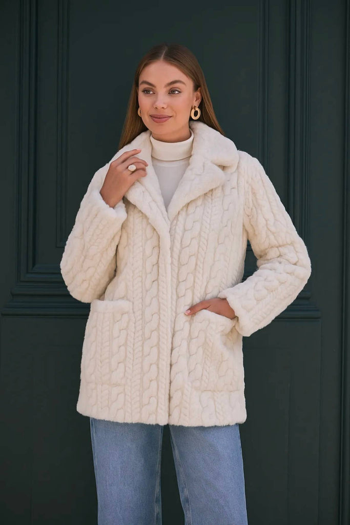 White Faux fur coat with cable knit effect