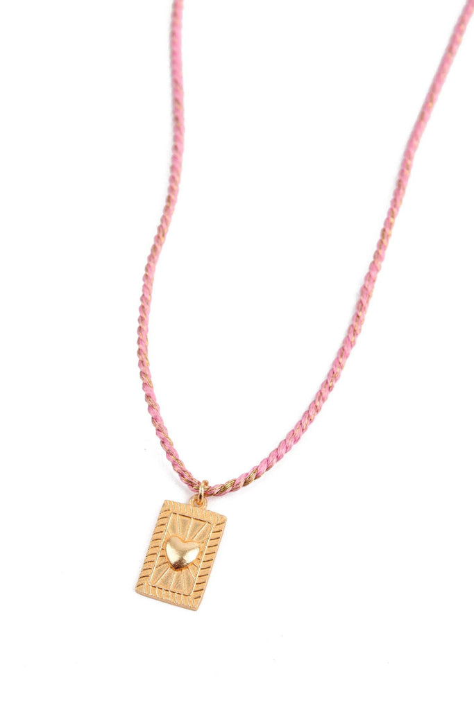 HEART RECTANGULAR CHARM ON PINK THREAD NECKLACE