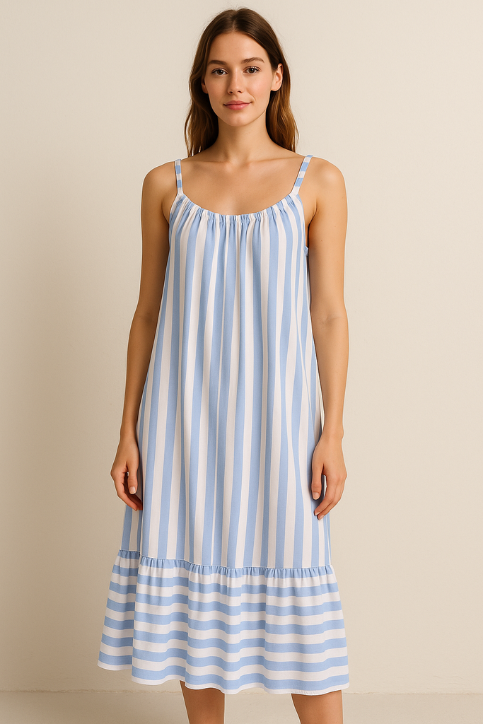 STRIPED SLIP DRESS WITH RUFFLE HEM: Baby Blue