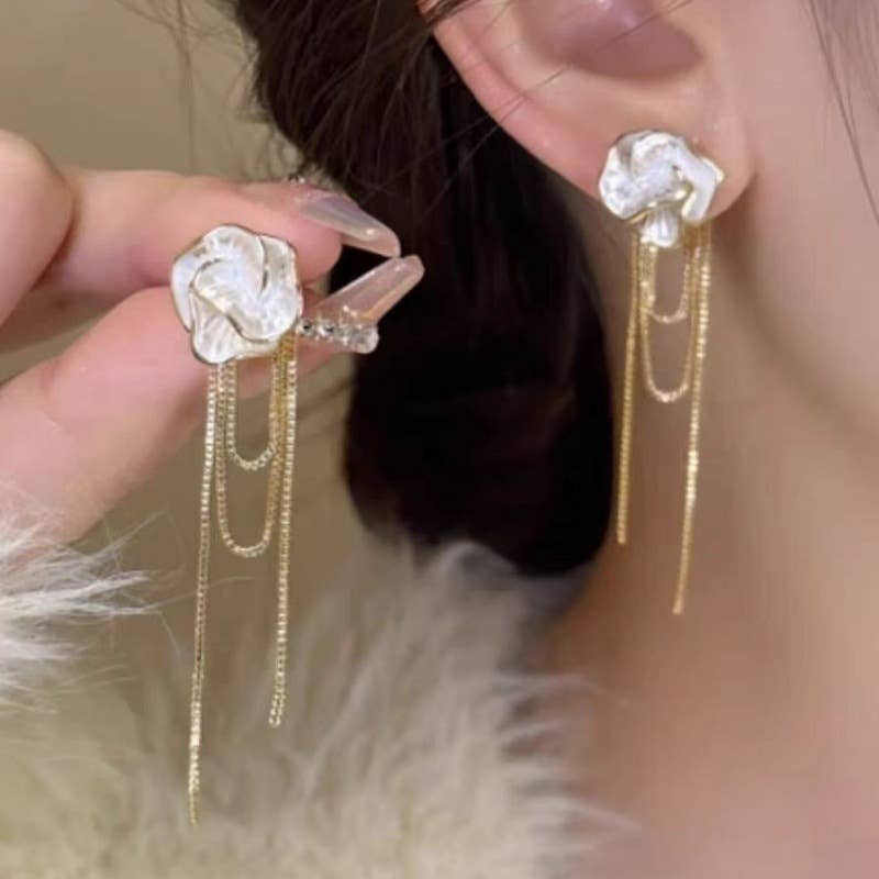 EUR444 Camelia flower long earrings in Cream - AML Boutique NI