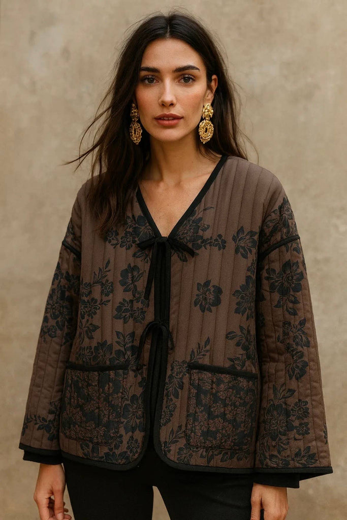 Chocolate Quilted jacket with floral print