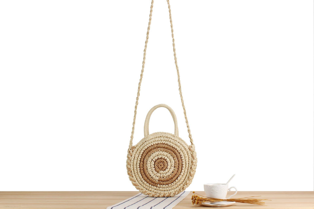 Small Medium Size Round Shape Paper Straw Top Handle bag : Beige