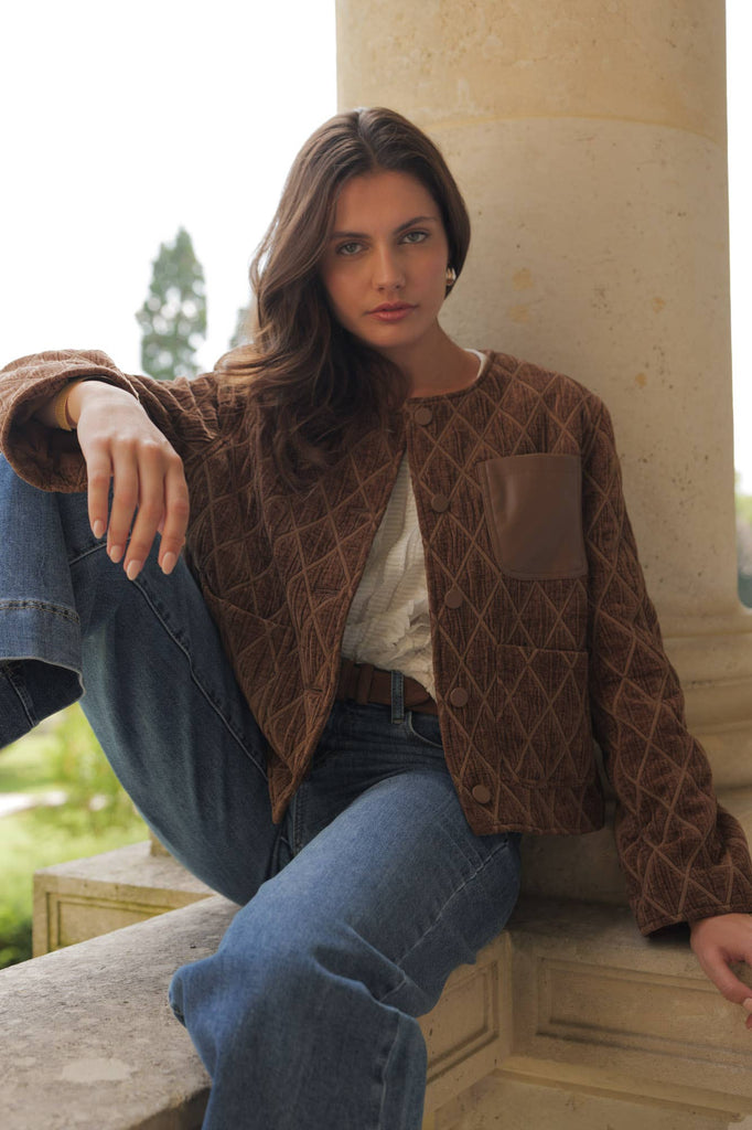 Ana jacket in quilted velvet with leather pocket - Brown