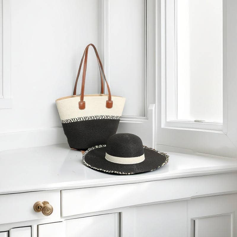 Medium Size Straw Basket Bag + Hat -Set of 2: Black