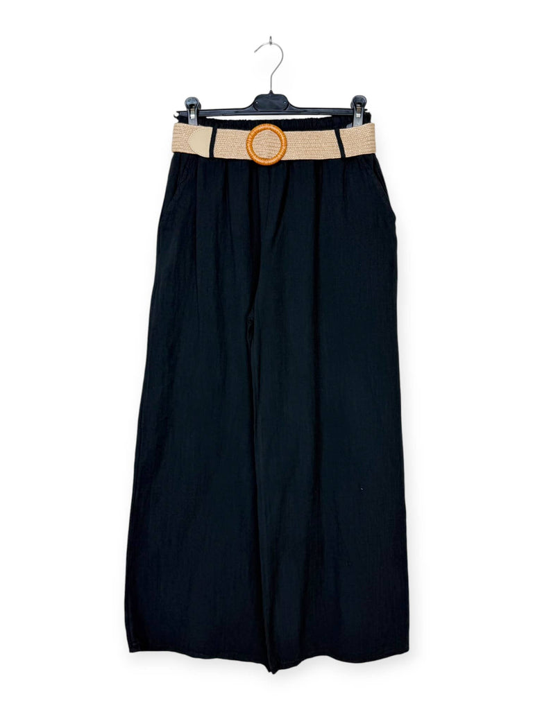 Cotton/Linen Wide-Leg Pants: Black