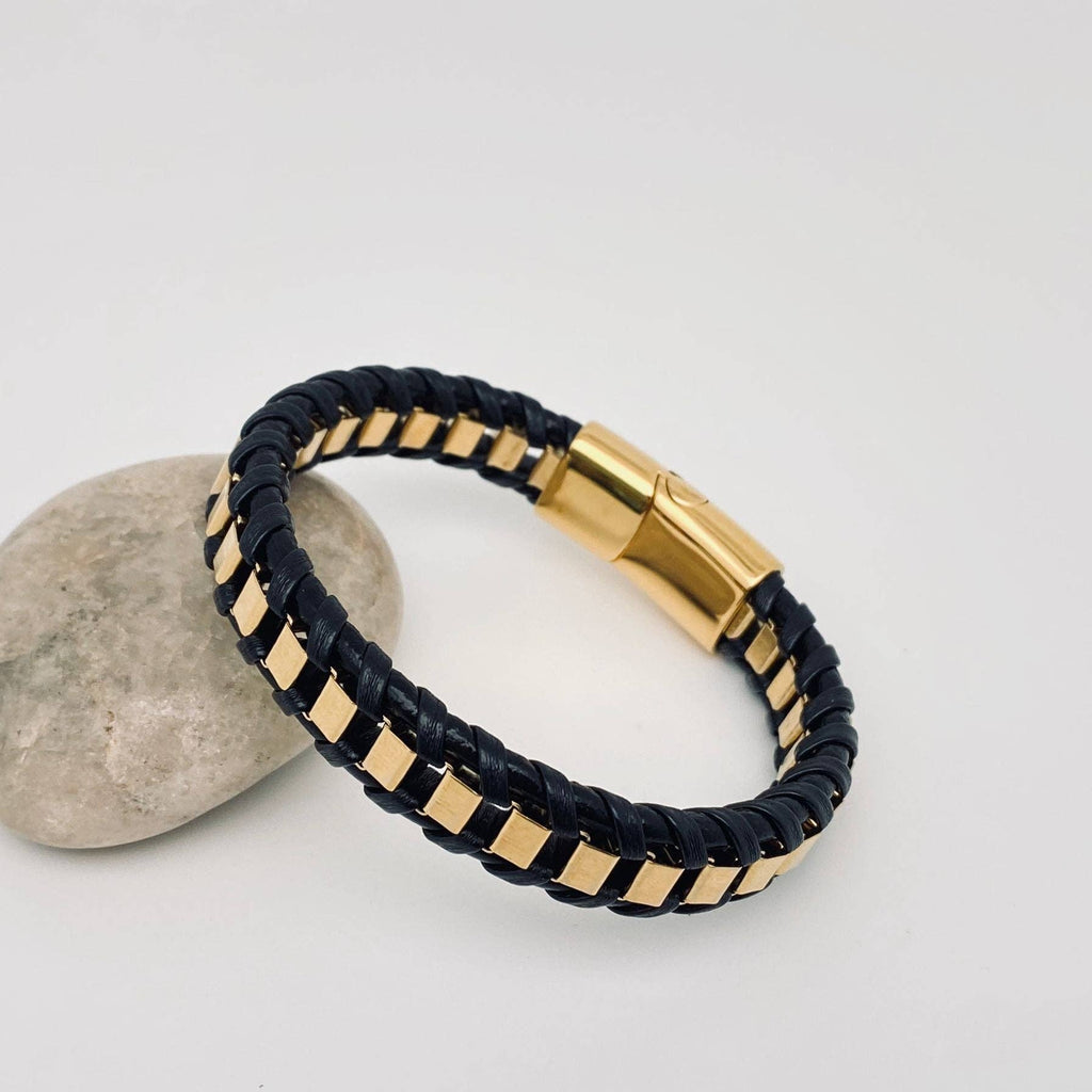 Leather Woven Gear Shape Stainless Steel Bracelet - MJ/BC: Golden / 230MM / 9.05in