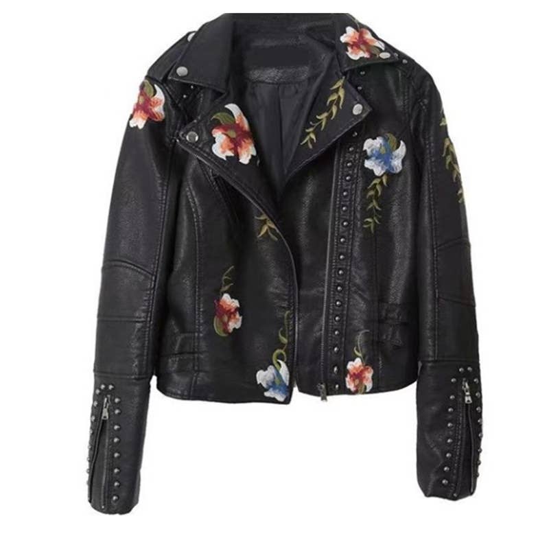 Floral Embroidered Faux Leather Jacket in Black CE108 - AML Boutique NI