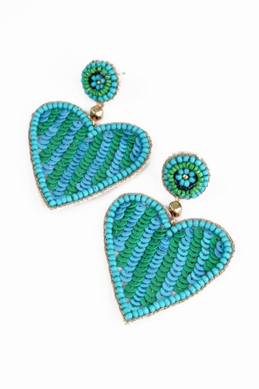 GREEN & TURQUOISE STRIPE BEADED HEART EARRINGS - AML Boutique NI