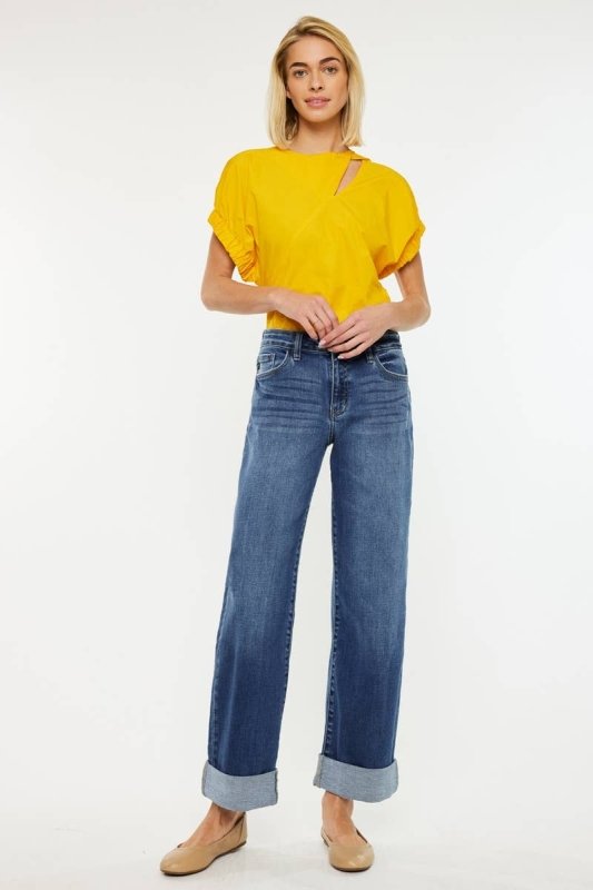 KANCAN HIGH RISE WIDE LEG JEANS - KC20083M MEDIUM WASH - AML Boutique NI