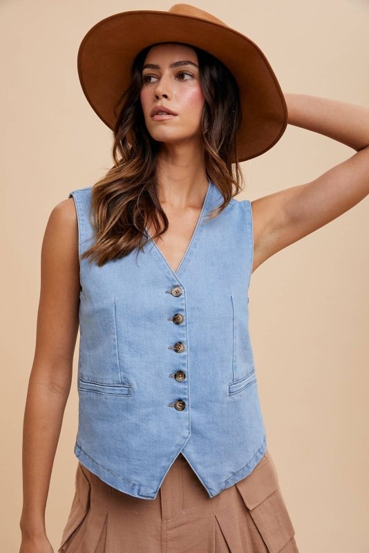 REIS STRETCH DENIM BUTTON DOWN WAISTCOAT - AML Boutique NI