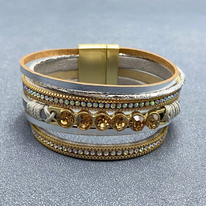 Sparkling Rhinestones Multi - layer Leather Bracelet - LB: Grey - AML Boutique NI