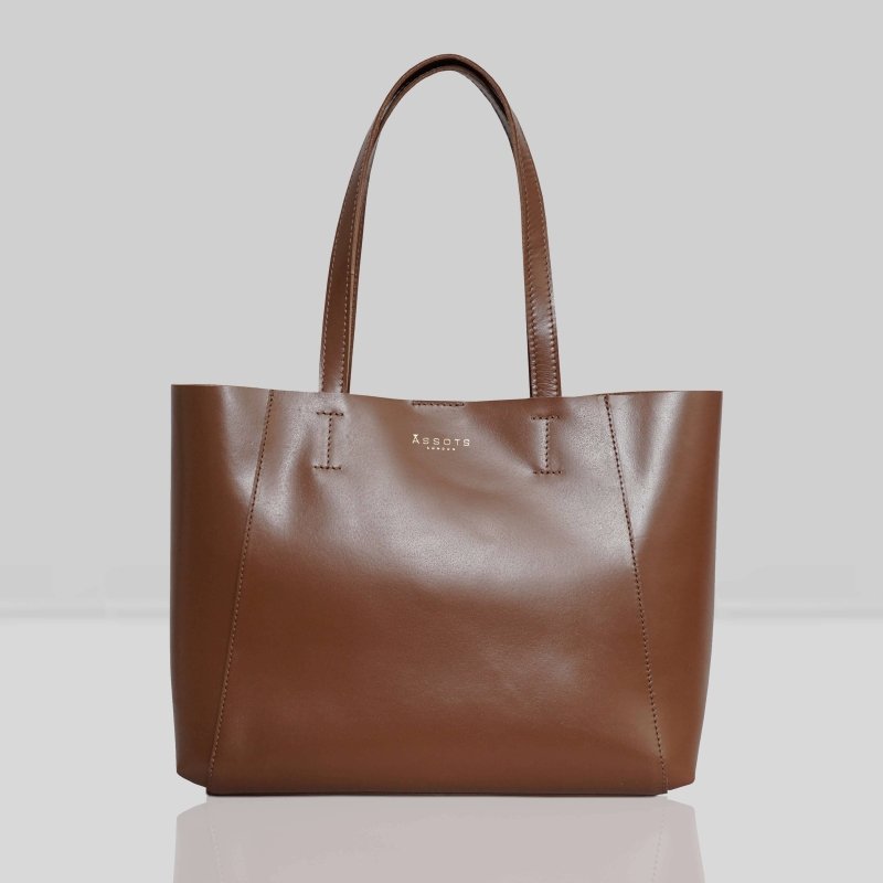 ASSOTS ‘ADELA' Tan Smooth Real Leather Unlined Designer Tote Bag - AML Boutique NI
