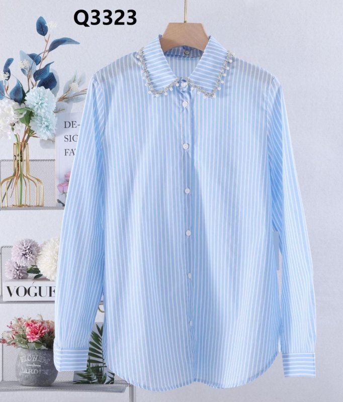 Blue Striped Shirt with Detachable Collar Trimmed with Diamanté and Pearls. - AML Boutique NI