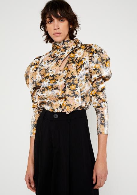FLORAL PRINT SHINY HIGH-NECK BLOUSE WITH BOW DETAIL - AML Boutique NI