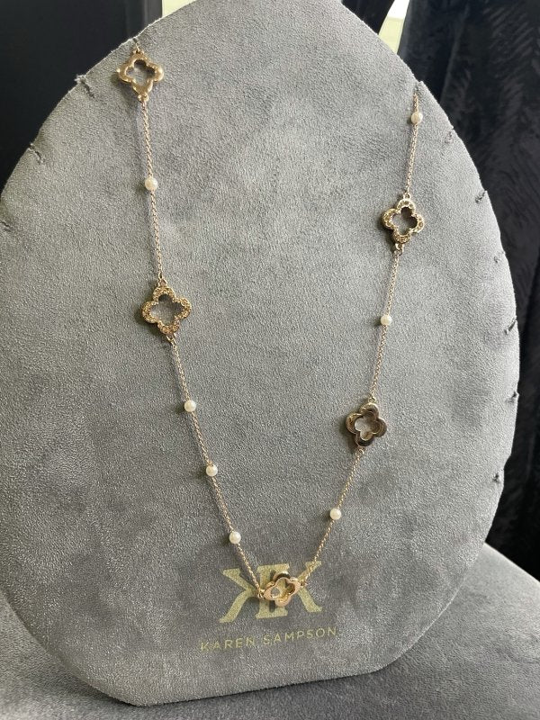 Karen Sampson Gold Plated Long Pearl Clover Necklace - AML Boutique NI
