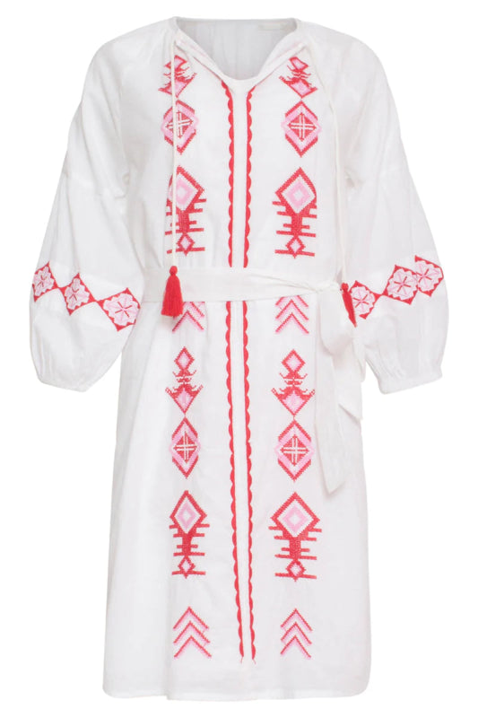Smashed Lemon Breathable White Dress with Tribal Embroidery - AML Boutique NI