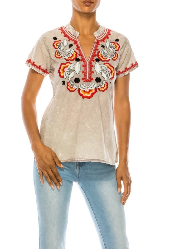Stone Embroidered Boho Short Sleeve Top - AML Boutique NI