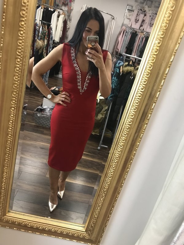 Stunning Red Diamante detail Dress needs repaired on one area of embellishment. - AML Boutique NI