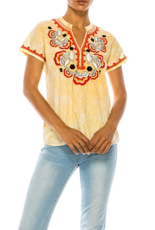 Yellow Vintage Wash Boho Embroidered Top - AML Boutique NI