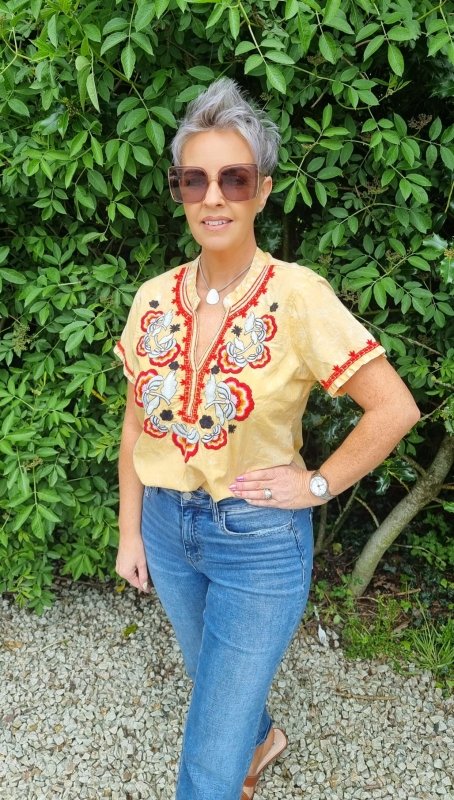 Yellow Vintage Wash Boho Embroidered Top - AML Boutique NI